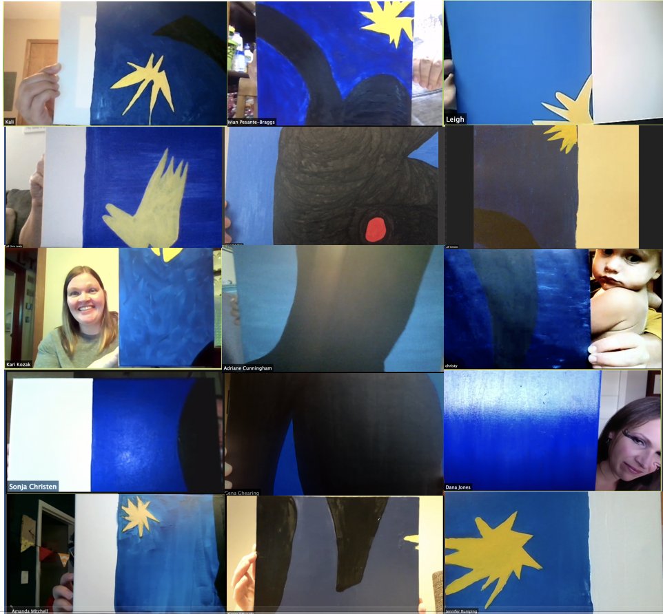 GottaBeCrazy2's tweet photo. @GISH Creating and learning in kind unexpected ways on found-friend teams.
#GISH2020 #Item150: Using Zoom, each member of your team has to paint a portion of a famous painting. Split it into a grid of 15 and each person paints their assigned grid piece ONLY. #GISH #TeamGottaBeCrazy https://t.co/9cuQpswzlB