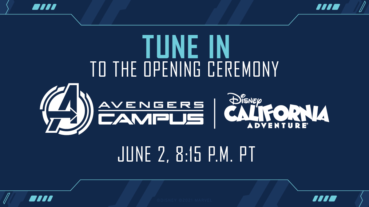 DisneyParks's tweet photo. Attention Recruits! The Avengers Campus Opening Ceremony from Disney California Adventure park will stream LIVE on June 2 at 8:15 p.m. PT | 11:15 p.m. ET. Tune in to celebrate this moment from the @Disneyland Resort. More details on the Disney Parks Blog: https://t.co/h3PoJqu2xC https://t.co/ey0jYY7OTd