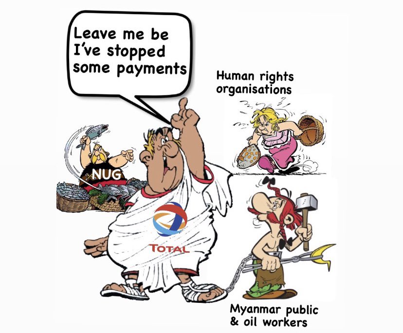 MandalayMeeshay's tweet photo. @randallbreanna @Total @Chevron @posco Here’s my contribution to #totalcartoonchallenge
Reminding .@total @PPouyanne & other oil and gas companies that they are funding #terrorist Myanmar military who are also perpetrators of #genocide
#whatshappeninginMyanmar #birmanie #Burma #Asterix
Crd. Goscinny and Uderzo https://t.co/ZlXvmikTh5