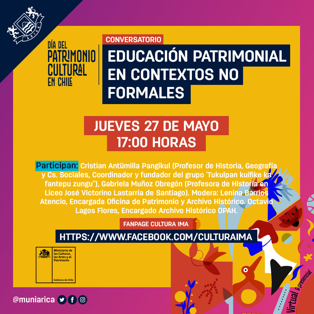 Conversatorio "Educación Patrimonial en contextos no formales", hoy a partir de las  17:00 horas, a través de nuestro fanpage facebook.com/culturaima