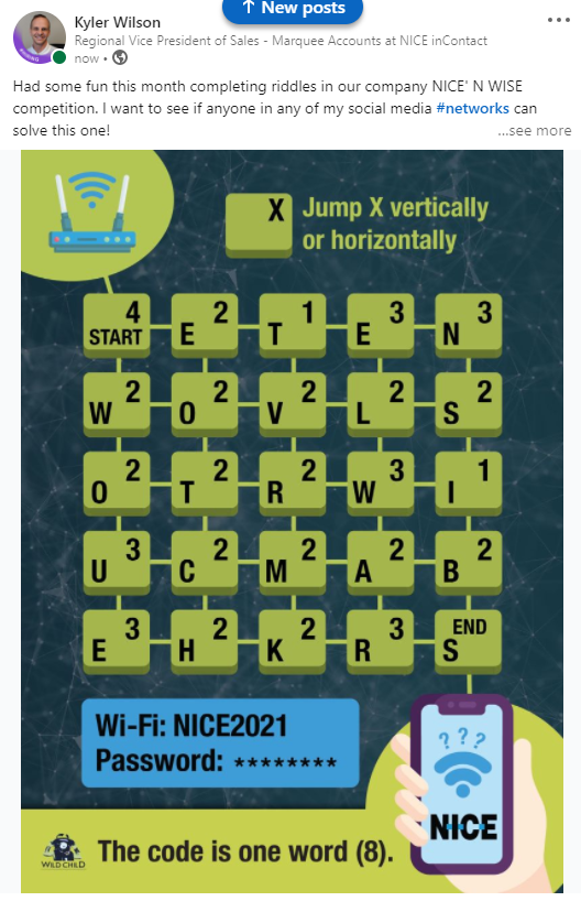 Had some fun this month completing riddles in our company NICE' N WISE competition. I want to see if anyone in any of my social media #networks can solve this one! 

#NICENWISE #LifeatNICE