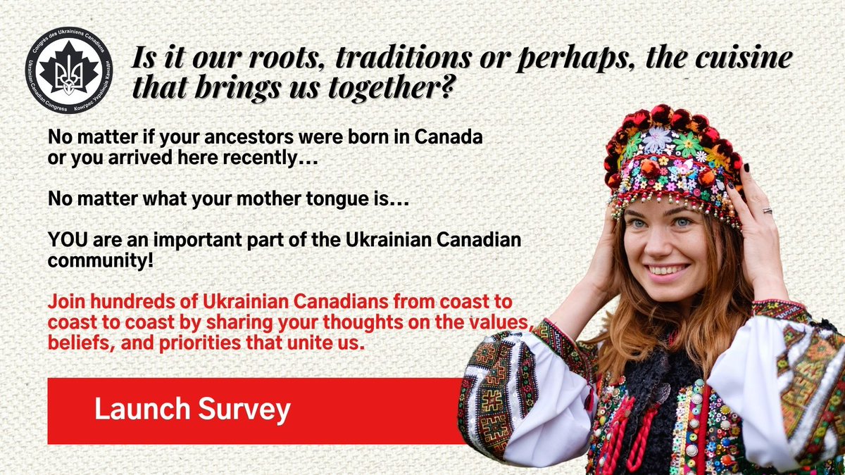 ukrcancongress's tweet photo. Calling all Ukrainians from coast to coast! Be a part of the first-ever national survey of Ukrainian Canadians @ukrcancongress. Share your thoughts on what it means to be Ukrainian Canadian today: https://t.co/zwzhbj5ass
#ukrainiancanadian #ukrcansurvey #beukrainiancanadian https://t.co/XoYBKSaiyD