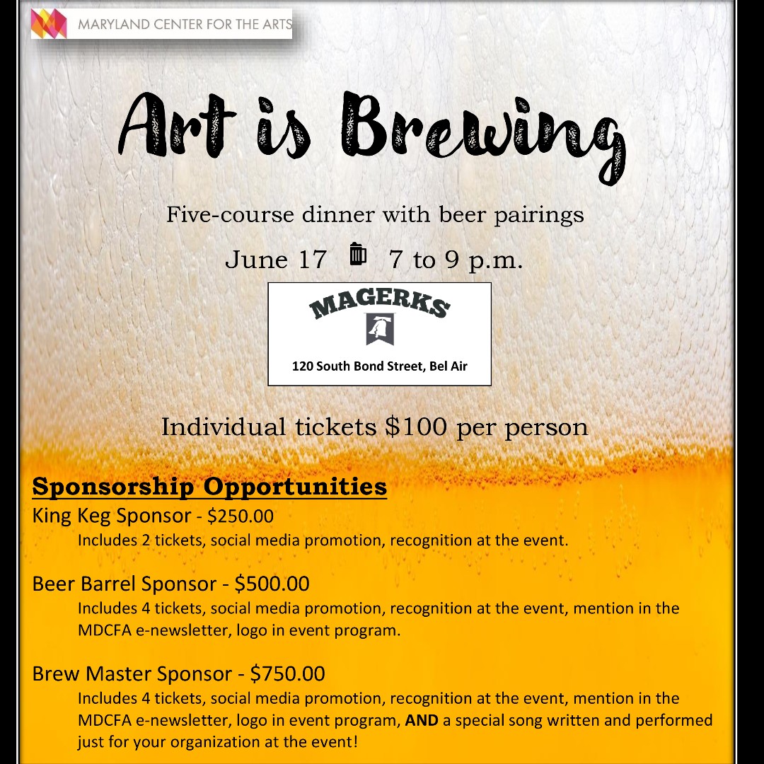 MarylandCFA's tweet photo. Enjoy good food paired with fine beer and musical entertainment, Thurs., June 17, MaGerk's, Bel Air.  Make it a party with a sponsorship and advertise your support of the Maryland Center for the Arts.  Sponsorship deadline June 7.  https://t.co/atSCBnmjoa https://t.co/N9cYfB2Cu8