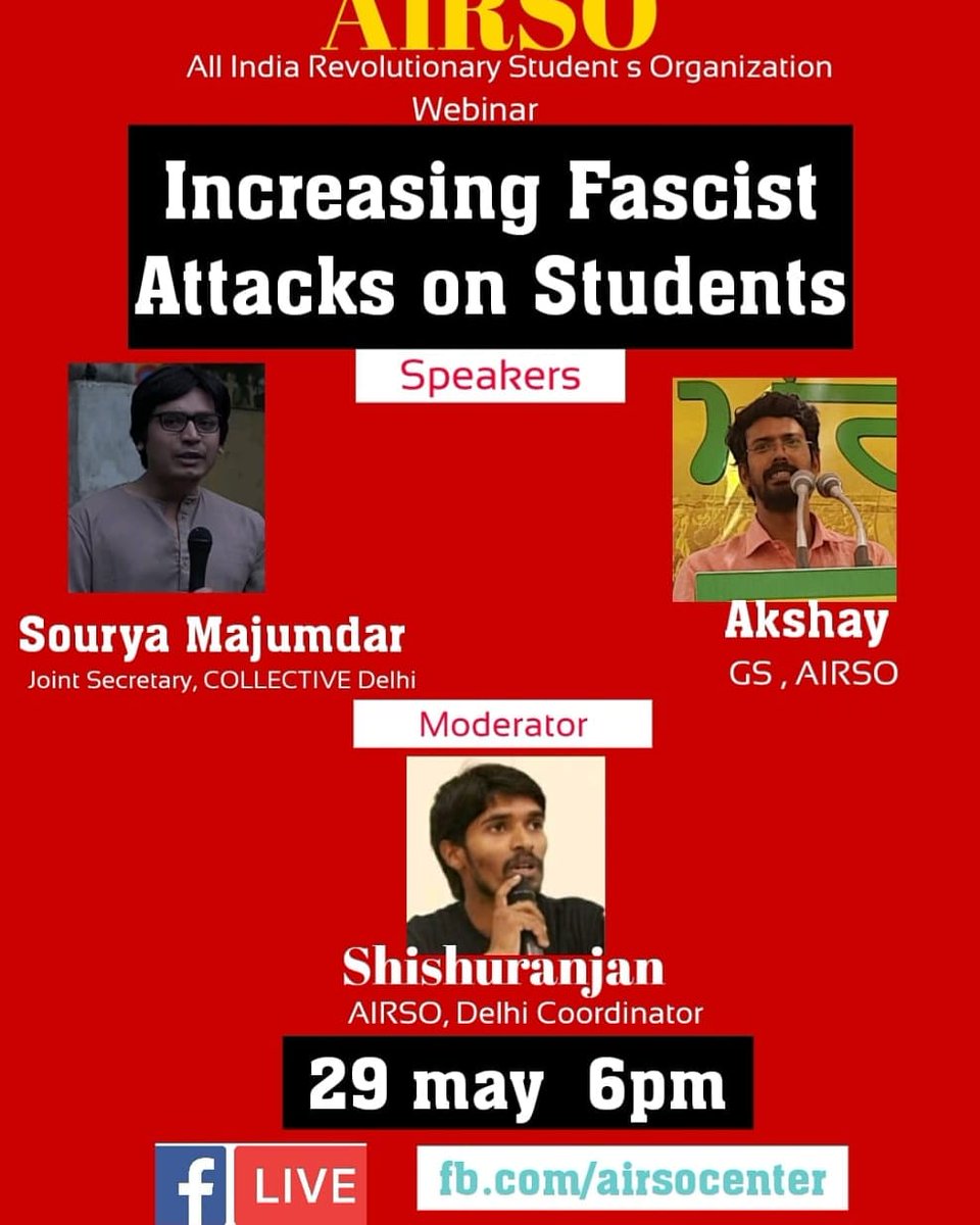 AirsoCenter's tweet image. AIRSO invite  to join a Webinar  on "Increasing Facist Attacks On Student "
#AIRSO 
#AirsoCenter 
#Incresing_Facist_Attcks_On_Students 
#No_To_NeoFacism 

@COLLECTIVEDelhi 
@AirsoCenter 
@knramachandran1 
@kabeerkatlat