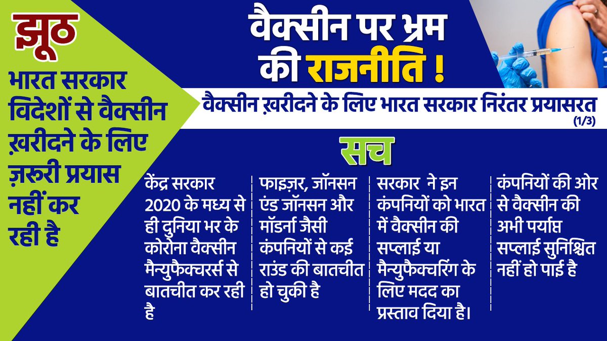 drharshvardhan's tweet photo. भारत के #COVID19 टीकाकरण कार्यक्रम को लेकर कई तरह के मिथक फ़ैलाए जा रहे हैं। ये मिथक ग़लत बयानों, आधे सच और खुलेआम बोले जा रहे झूठ के कारण फ़ैल रहे हैं। विशेषकर, यह पूरी तरह से झूठ है कि केंद्र सरकार विदेशों से वैक्सीन ख़रीदने के लिए ज़रूरी प्रयास नहीं कर रही है।

@PMOIndia https://t.co/tsJLfqXGFP