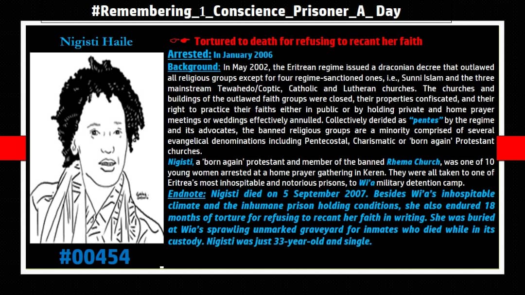 RemEPOC's tweet photo. ▶️Let's Remember Nigisti Haile: A member of #Eritrea|s outlawed #Christian faith groups, z 33-year-old young woman succumbed to death after enduring 18-months of torture - at #Wia military detention camp - for refusing to recant her faith.. 👇

#WhereAreTheyEritrea  #WhereAreThey https://t.co/mKG5zoibgC
