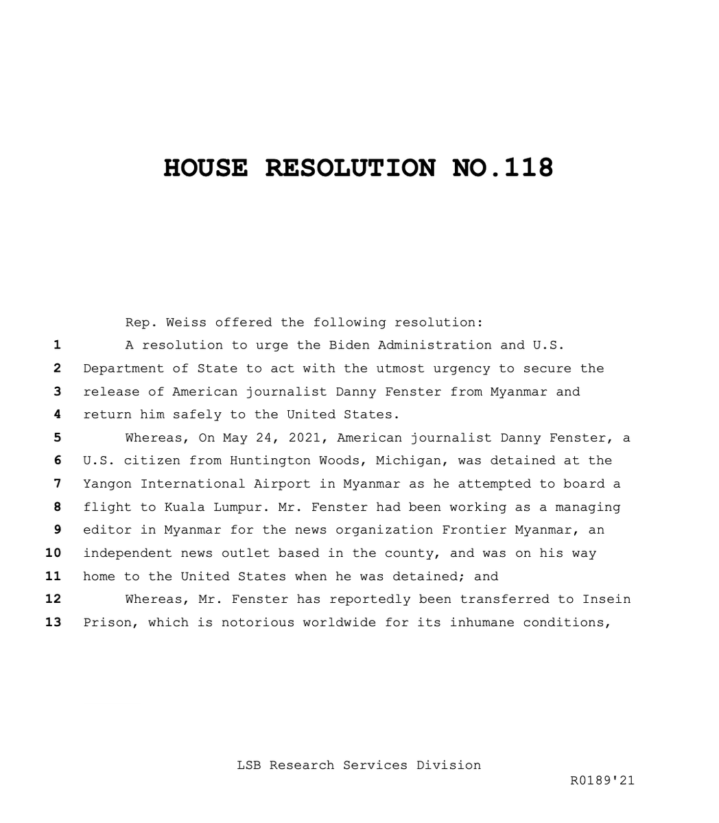 bryanFenster's tweet photo. Day 4. We have no official update. But a big thank you to Rep. Weiss and the MI House of Reps for passing res. 118, urging @Potus @SecBlinken and the @StateDept to secure Danny’s immediate release. Please RT, and now let's get the attention of #Congress!  
#BringDannyHome https://t.co/2pouzKbIeR