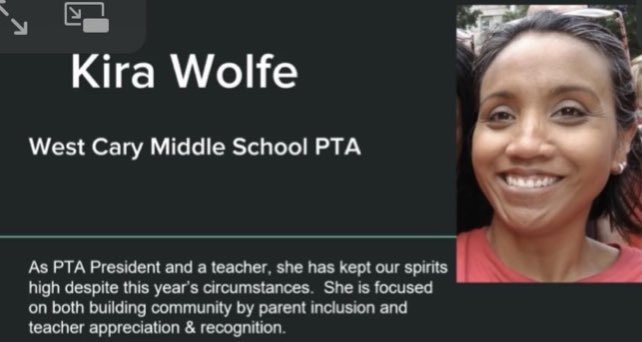 westcaryimps's tweet photo. Congratulations to our dynamic PTA President Ms. Kira Wolfe who was selected as West Cary Middle Schoolβs Star Volunteer at the Celebration of Stars event by Wake County PTA Council!πThank you for your leadership this school year!π« #superimp @WCMSPTA https://t.co/NxMZjtt3A9