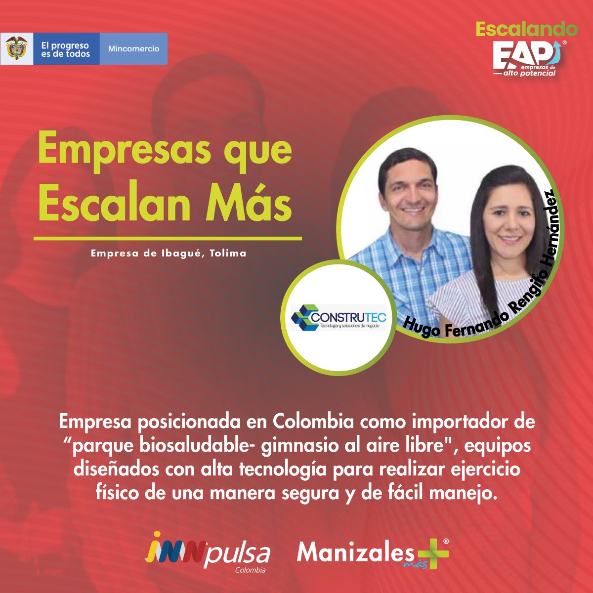 #EEAP2021 Construtec es una empresa de Ibagué que este año se está entrenando con el programa Escalando Empresas de Alto Potencial👏
Conoce más de ellos en su página web construtec.co. O comunícate al 316 8304113📞
<a href="/InnpulsaCol/">iNNpulsa Colombia</a>