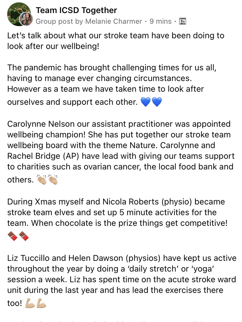 melcharmerOT's tweet photo. Letโs talk about what our stroke team have been doing to look after our wellbeing ๐๐ป @boltonnhsft #boltonAHPs #boltonstroketherapy https://t.co/vLKp8MquQh