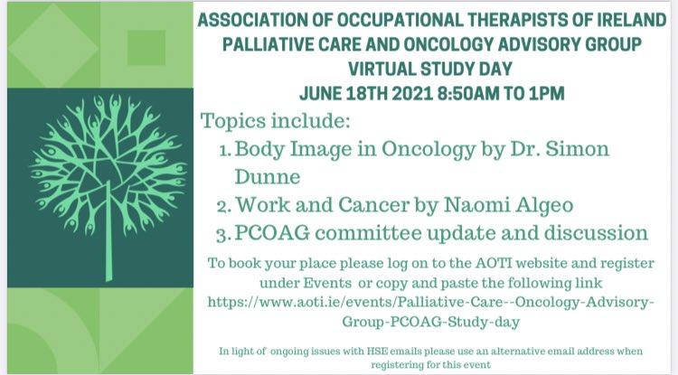 Looking forward to the <a href="/AOTI/">aoto</a> Palliative Care and Oncology Advisory Group (PCOAG) on Fri 18th June (8.50am-1pm). Registration now open and it’s FREE for members! Full timetable available at a later date aoti.ie/events/Palliat…