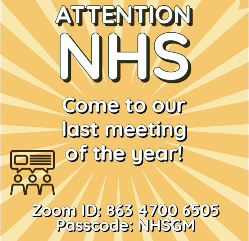 Attention all NHS members!! Our final meeting for the year is THIS FRIDAY, May 28th at 11:30. We hope to see you there :)