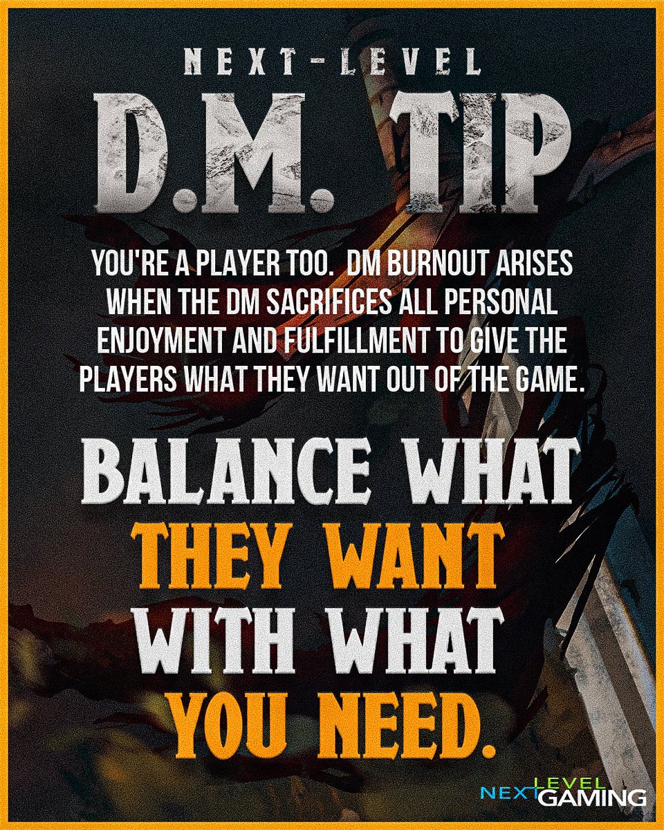NextLevelDD1's tweet photo. How many of you #foreverdm types have experienced this reality?  Make sure that you allow for your own fun too!

#dnd #dungeonmaster #dmtips #ttrpgsolidarity https://t.co/cxmIaRhDlQ