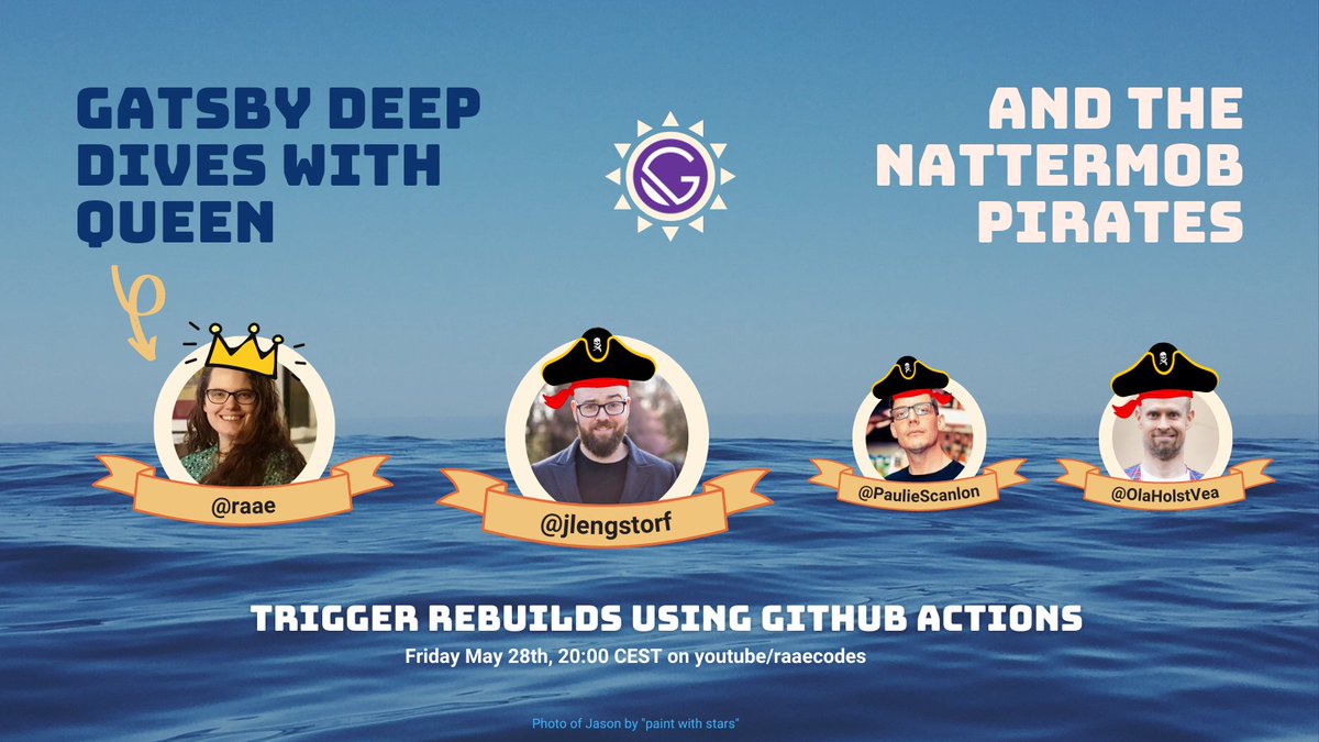 raae's tweet photo. This week @GatsbyJS alumni, VP of Developer Experience @Netlify, and all-around pirate @jlengstorf will climb onboard and join the #Nattermob pirates π΄ββ οΈ
As always bring your questions,
and favorite β π₯ πΊ π·
We'll be working on triggering rebuilds using Github Actions π©βπ» https://t.co/W2VEt8Btvl