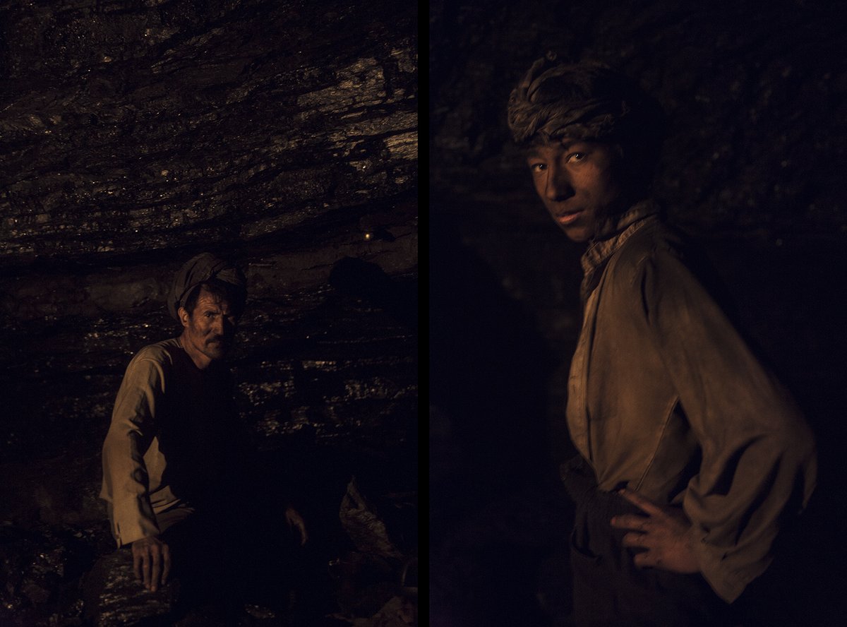 AFGHANISTAN - Darra Ye Suf, Samangam Province. Coal miners in the remote town of Darra Ye Suf in North Central Afghanistan. The mine works around the clock in 24 hour shifts with the miners sleeping in mine shafts up to 2km deep. They work in dangerous and primitive conditions, digging mine shafts by hand and using only donkeys to ferry coal up and down the mountain. 

Child labour is common as seen in the images in this series.

Many years ago a fire, started by a broken oil lamp started a fire that weaves it's way through the mountain making the mine shafts even more unstable. In the summer time the whole mountain smokes. 