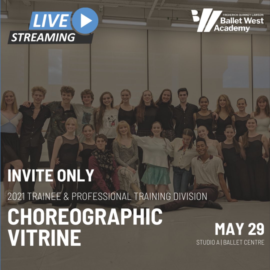 Join us this Saturday to watch our FREE Choreographic Vitrine Live Stream presented by the BWA 2021 Trainee and Professional Division! 

DETAILS:
Saturday, May 29, 5:00 - 6:30 pm
Ballet Centre, Studio A (In-person attendance is invite-only.)
Website: buff.ly/3bYJkox