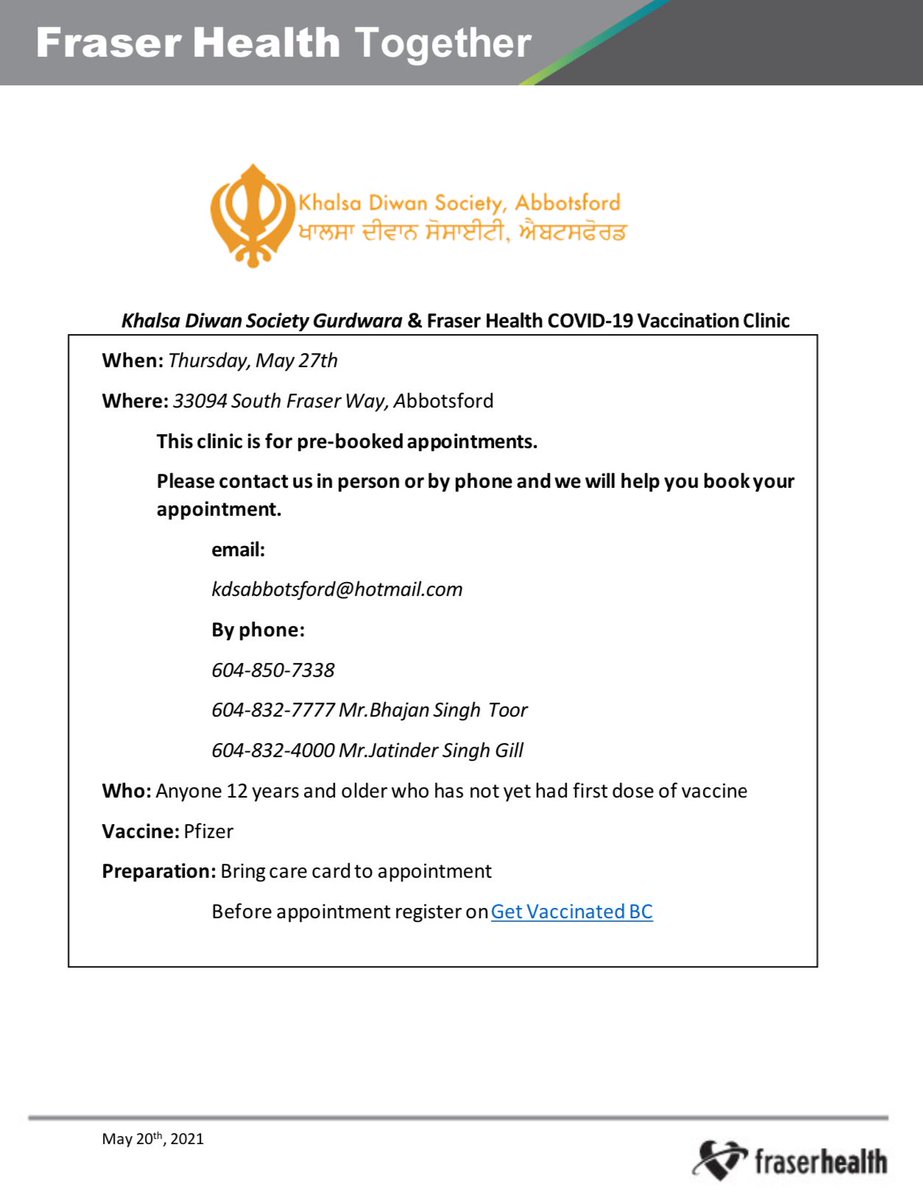BirinderNarang's tweet image. Vaccines Happening NOW in Abbotsford.

Limited walk in spots available for 1st dose Pfizer vaccine before 3:30 p.m. at Khalsa Diwan Society in Abbotsford: 33094 S Fraser Way, Abbotsford, BC. 

They can also help with registration. 

@VaxHuntersCan 

#RestartBC
#BCPoli
#COVID19BC