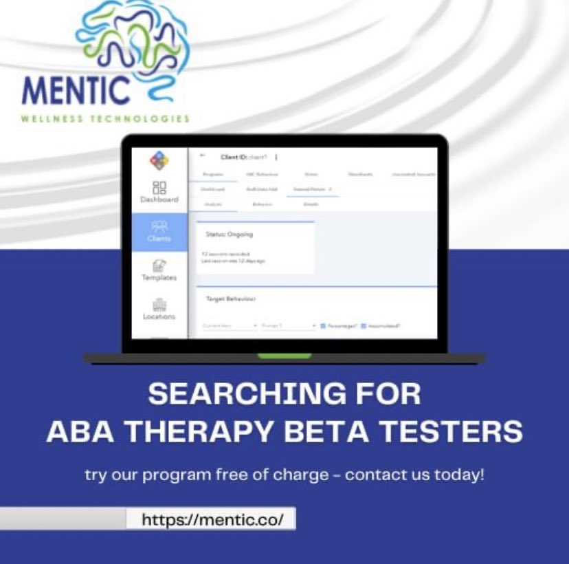 Attention #BCBAtherapists and #parents. Mentic is looking to #collaborate with YOU! Do you already use #ABAtherapy related programs for your clients or child? We need YOUR help! Contact the mentic team today for more information and sign up as a beta tester for #FREE!!