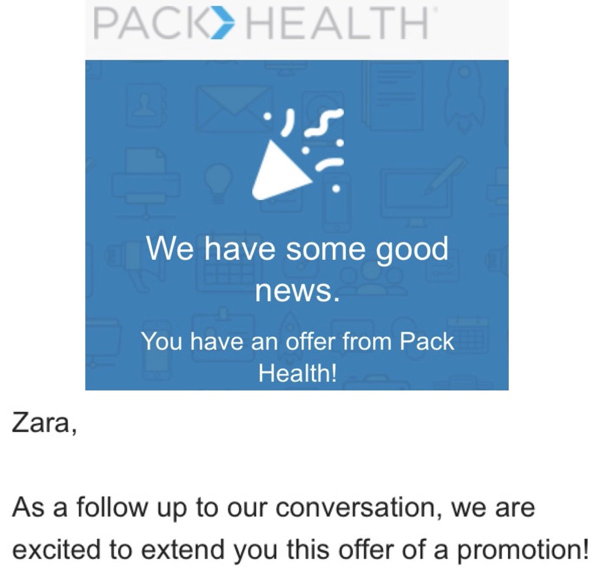 GingerZara's tweet photo. I am thrilled to share that I have accepted a promotion and will begin my new role in Talent Acquisition at Pack on Tuesday!
#packhealth #jointhepack https://t.co/GOtaquu9Xj
