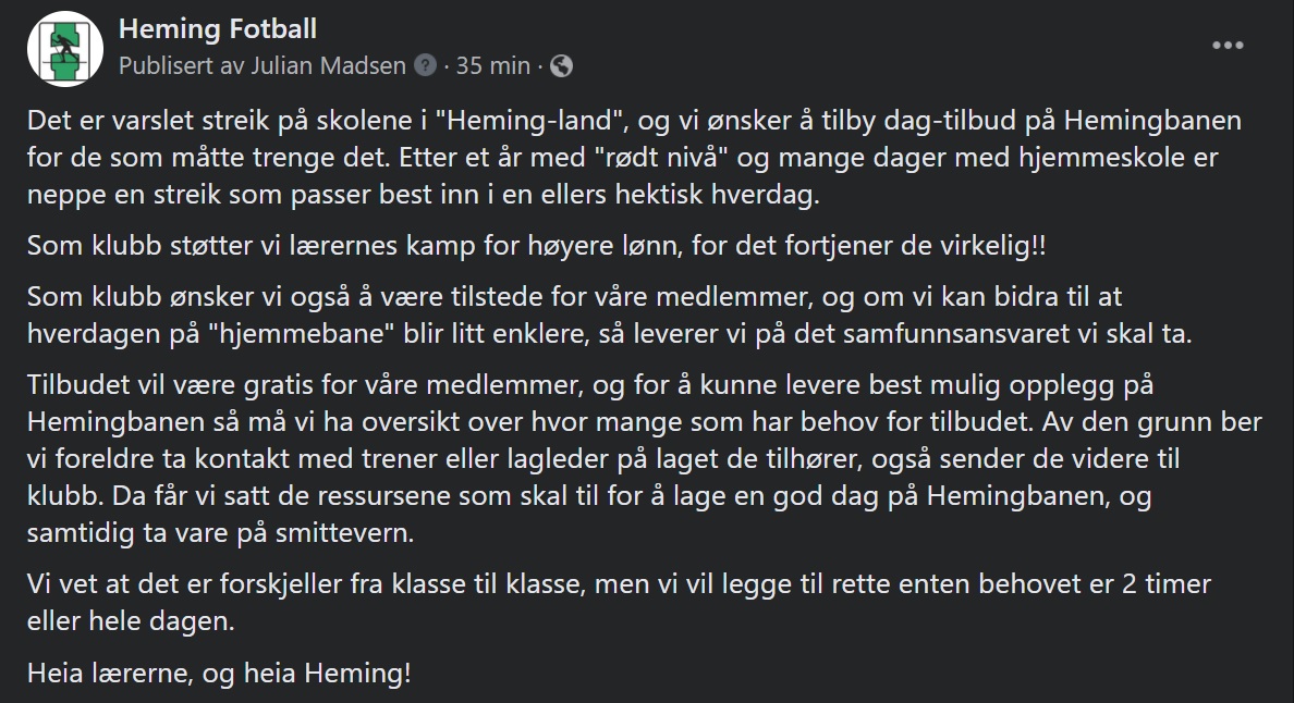 I en tid hvor politikerne ikke ser nytten av breddeidretten, så er det deilig å være i en klubb som kan bidra i lokalsamfunnet.

Heia lærerne, og Heia Heming!