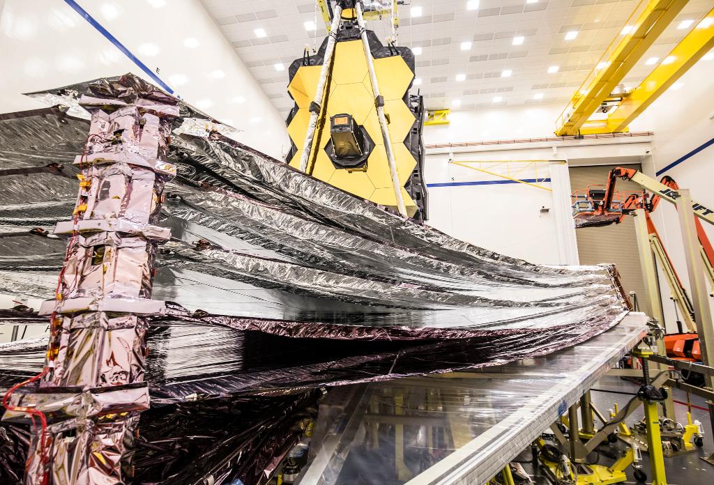 Close-up view of the Webb telesope's 5-layer sunshield, pictured in the Northrop Grumman cleanroom.