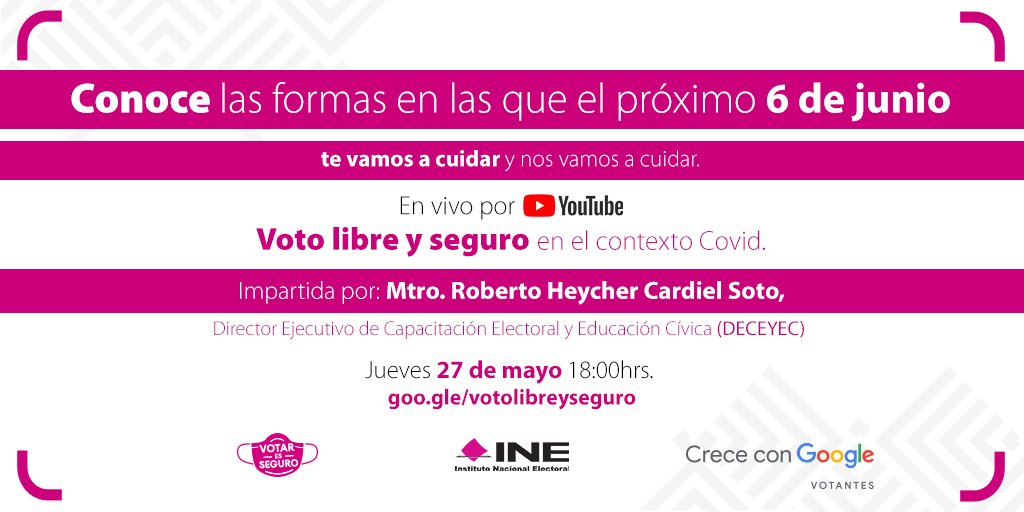 ¿Cómo votar de manera libre y segura en el contexto de de COVID-19?

Conéctate a nuestra segunda y última sesión de #CreceConGoogle Votantes 🇲🇽 en nuestro canal de #YouTube y con <a href="/INEMexico/">@INEMexico</a>

📆 HOY, 27/05
⏰ 6 pm
▶️ goo.gle/votolibreysegu…