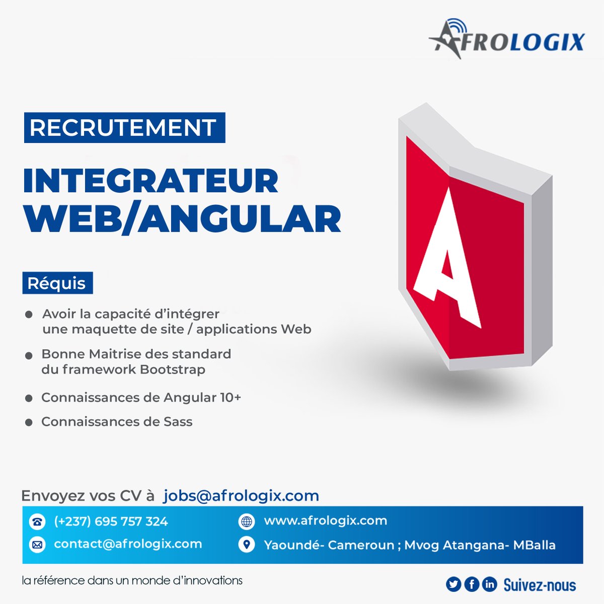AfrologixCmr's tweet photo. #Cameroon
Hello
Nous recrutons un Intégrateur web/Angular.
Know anyone who might be interested?
#CaParleDev #recrutement #Integrateurweb https://t.co/nEFvxArolG