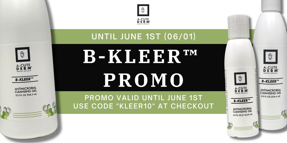 Only 6 days left! Until 06/01, take advantage of our 10% off #discount #promo for our #B-Kleer™ #Antimicrobial #Cleansing #Gel. Use our code “kleer10” at checkout. || #acutederm #estakronbergmd || #Reversethesignsofaging with #B-Kleer™!

Product Link:
ow.ly/ozqT30rIeEX