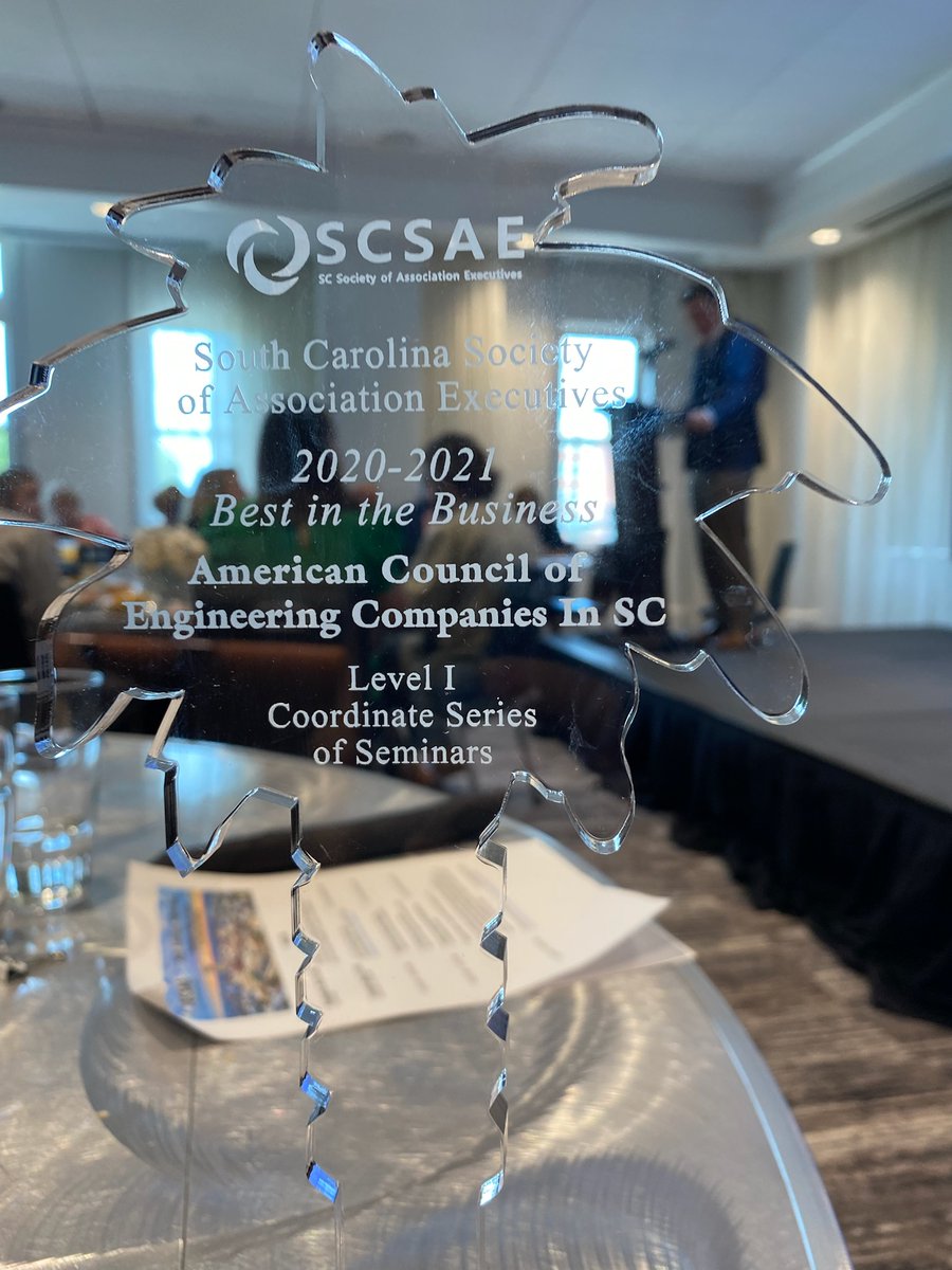 theACECSC's tweet photo. #ACECSC won two @SCSAE  "Best in Business" Awards today. One for the 2020 ACEC-SC / @SCDOTPress  Virtual Annual Meeting &amp; Trade Show, &amp; the other was for the webinar series we put together for our members last year during the height of the pandemic.  #bestinbusiness #SCSAE https://t.co/5JhV9y5esG