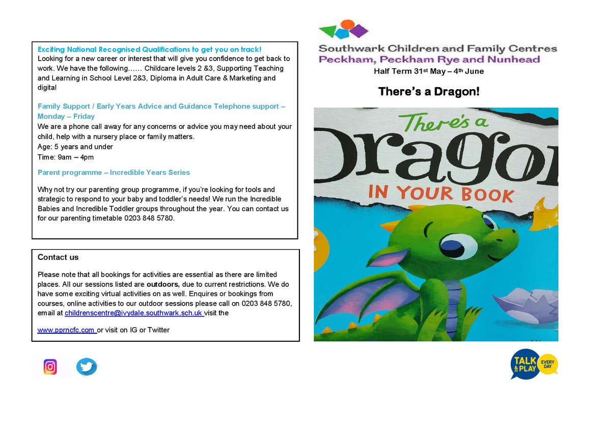 CfcPprn's tweet photo. It's half term next week, so our timetable looks a bit different. We will be having fun doing all things dragon next week! You can pick up a dragon pack or join us live for all things dragon at Leyton Sq. Check out our timetable. #theresadragoninyourbook #dragons #homefun https://t.co/bFJP8ZbiF6
