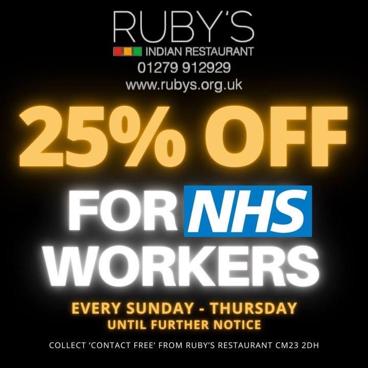 25% OFF FOR NHS WORKERS 🌈💙
SUNDAY-THURSDAY
Call Ruby’s to place your order ☎️ 01279 912929 (opt2) after 5pm📍COLLECTION ONLY from Ruby’s Restaurant CM23 4DH📍

(T&amp;C Apply)
#nhsworkers #nhsdiscount #rubysrestaurant #stortfordcurry #rubysindian #indiantakeaway