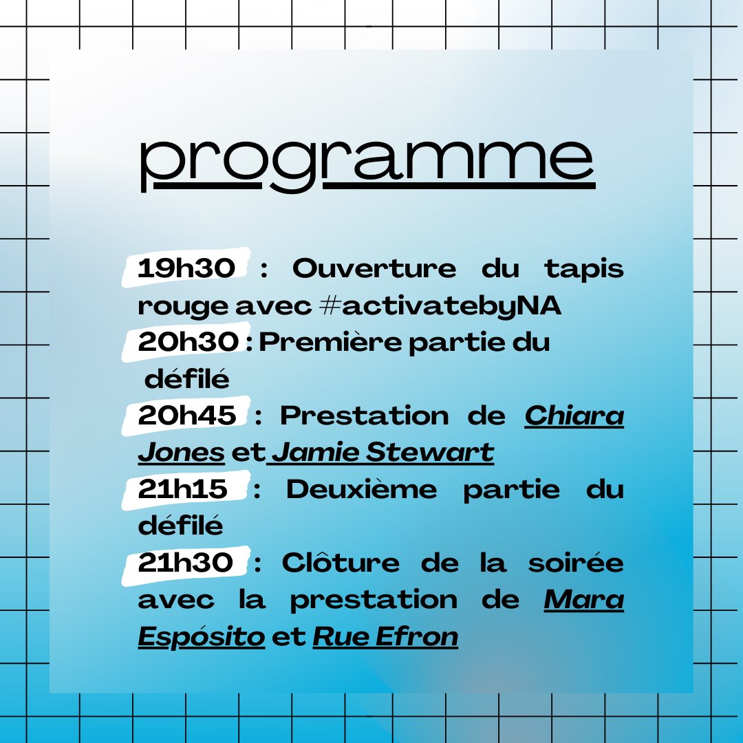 ⠀⠀⠀⠀⠀
⠀⠀⠀— le programme #activatebyNA
 ⠀⠀⠀⠀⠀
Voilà le déroulé de la soirée de demain ! En espérant vous y voir nombreux et que la collection vous plaira ! 
 ⠀⠀⠀⠀⠀