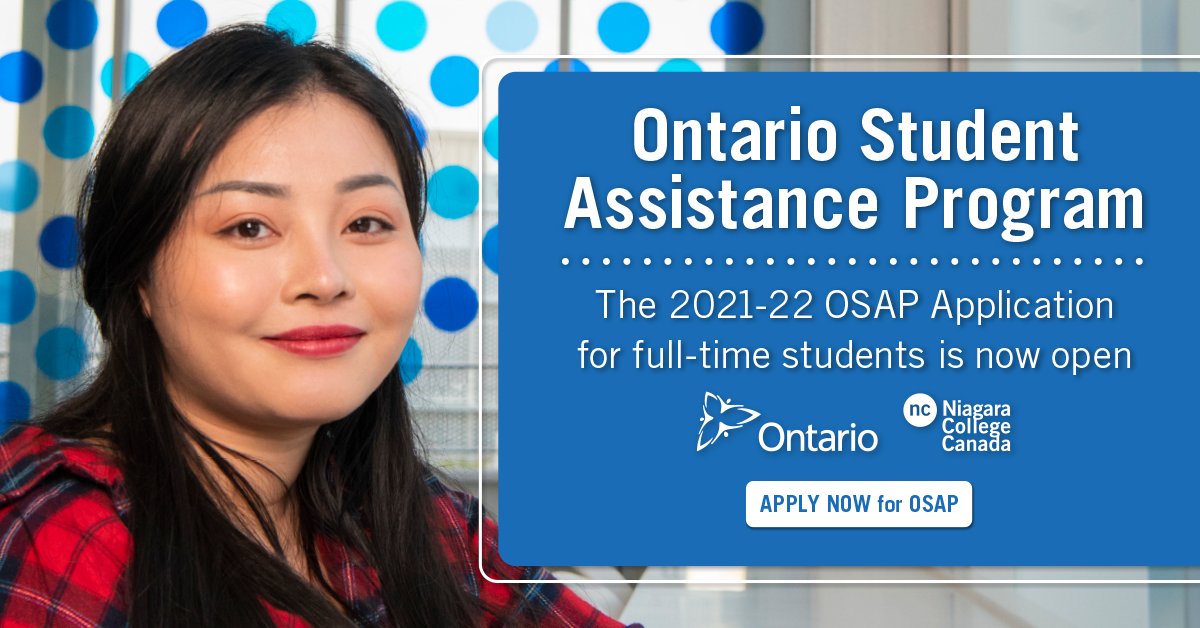 niagaracollege's tweet photo. The 2021-22 OSAP application for full-time students is now open. Find out what support you are eligible for at https://t.co/PuUpqVi4zS. 

The OSAP estimator and 2021/22 OSAP application are both available online. For more information on OSAP please visit: https://t.co/uXpQszPClm https://t.co/pDRLV6dOm6