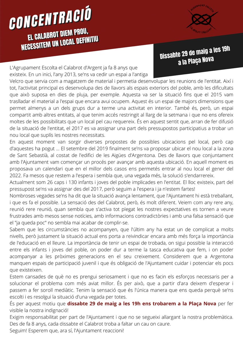 Des del Calabrot ja estem cansades. Diem prou, i per això ens trobem per cridar ben fort dissabte a la Plaça Nova. 
Us esperem a totes per fer-nos escoltar i que l’Ajuntament respongui d'una vegada per totes.