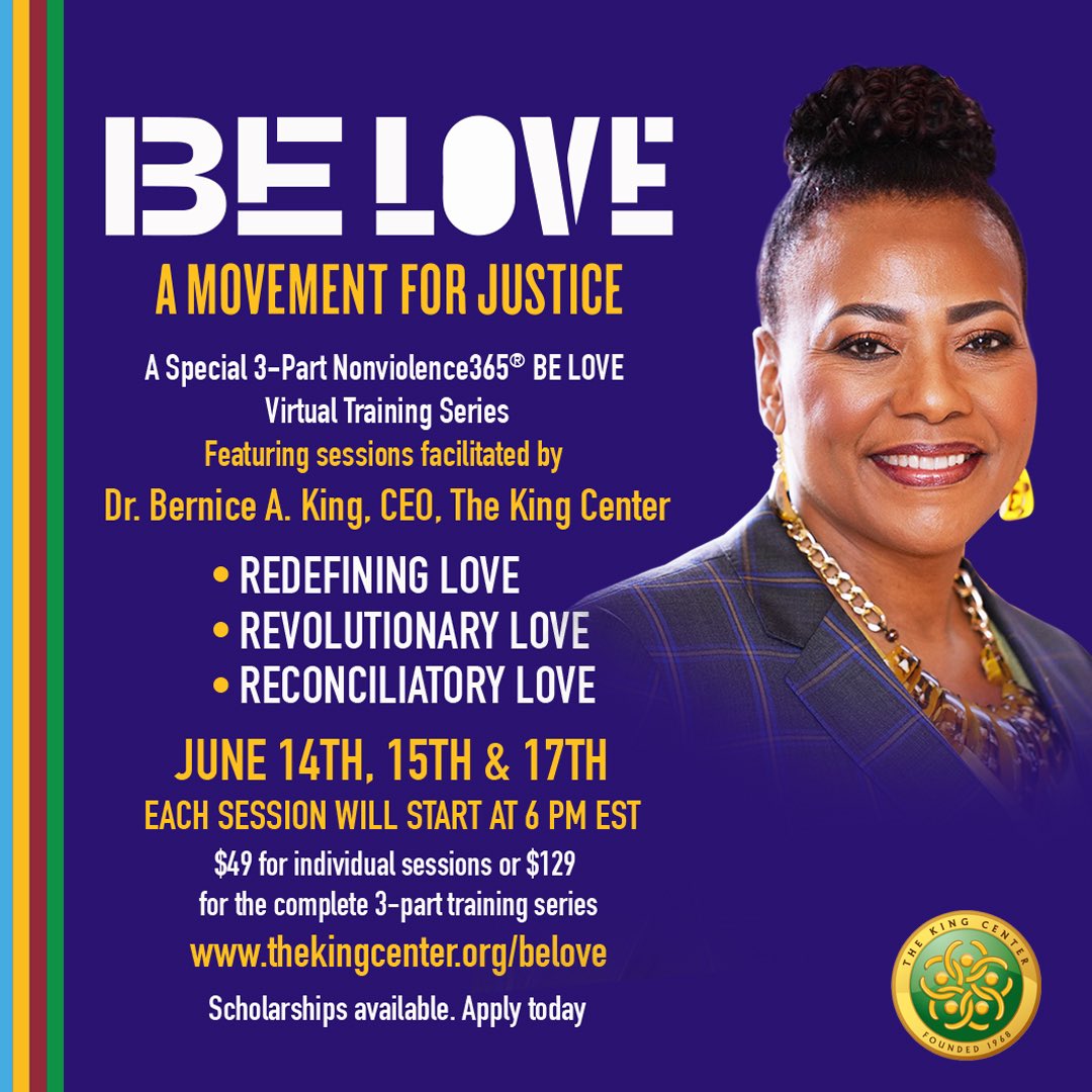 King Center CEO, <a href="/BerniceKing/">Be A King</a>, will facilitate sessions for our next #virtual #BeLove series! Register today: thekingcenter.org/belove #BelovedCommunity #MLK