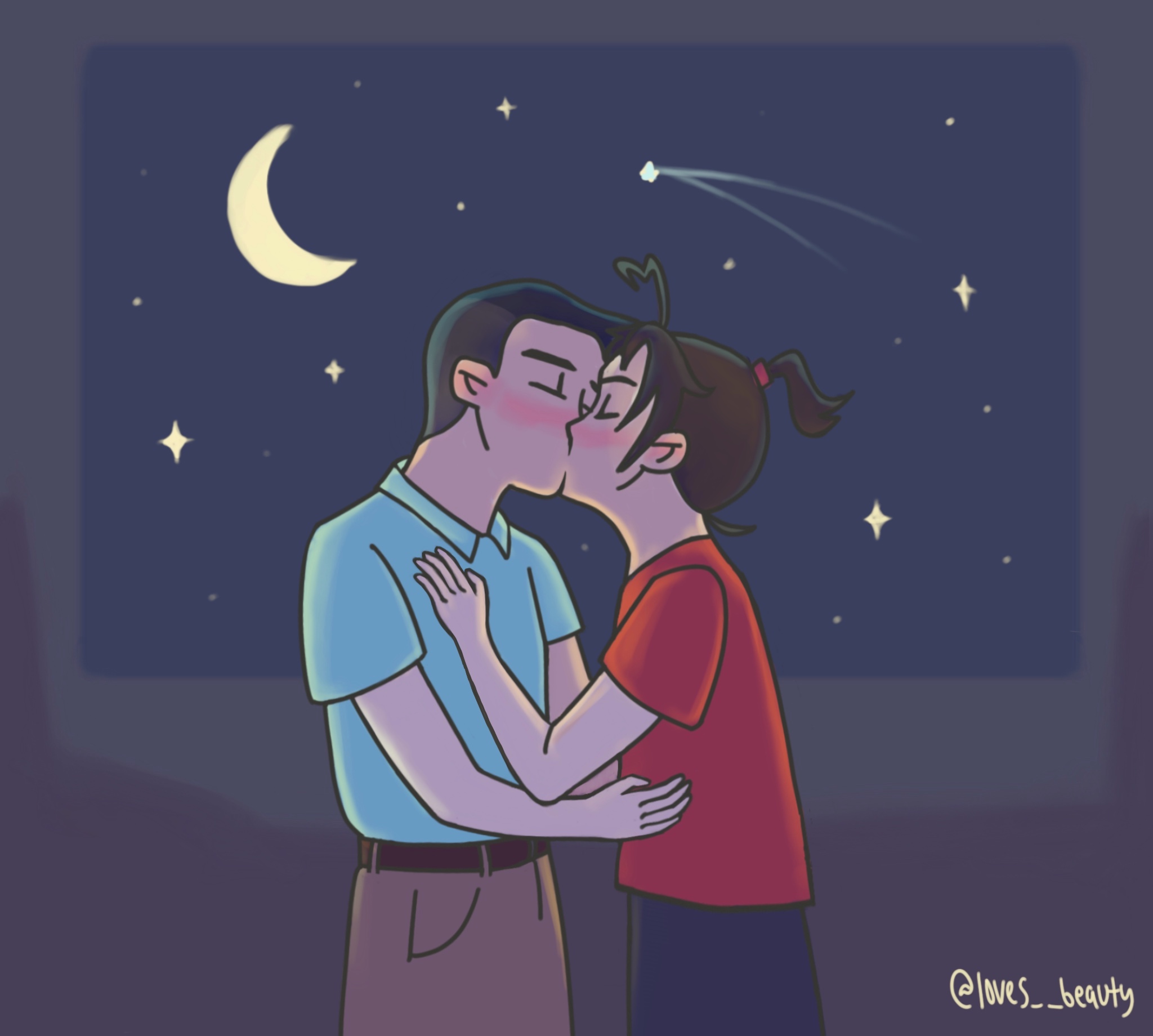 Lan Wangji and Wei Wuxian kissing against a starry background