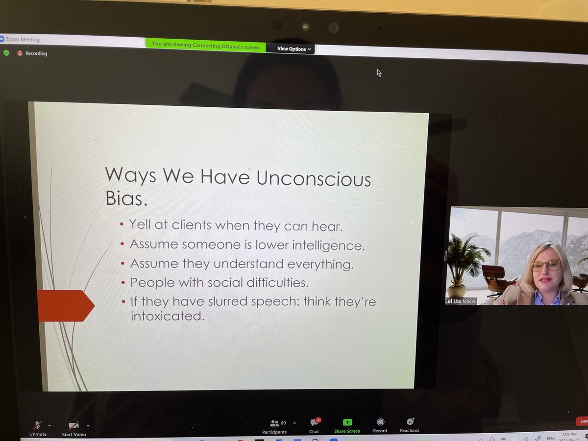 Pleased to have Lisa Abbott Moore, Speech Language Pathologist presenting today about strategies to address unconscious bias in communicating with people with sensory impairments. Thank you Connecting Ottawa for the invitation.