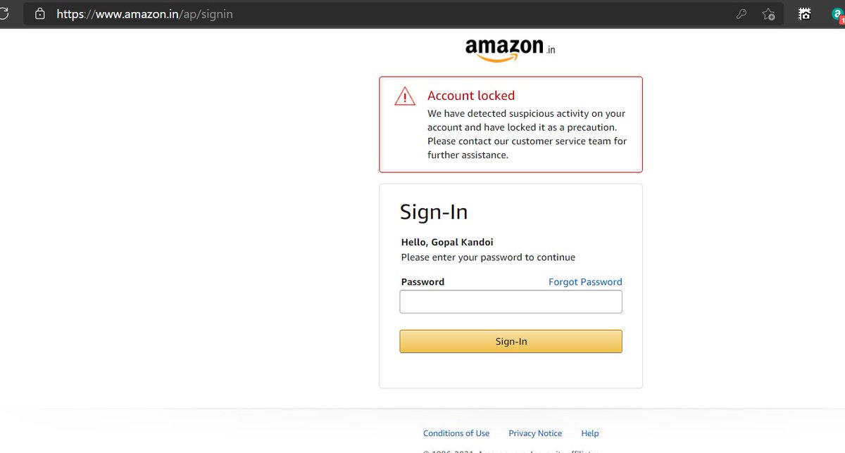 kandoigp's tweet photo. Hey @AmazonHelp 
I’m not able to sign into my account.
It says the account has been locked.
Please help me recover my account. https://t.co/YlPo5l0faG