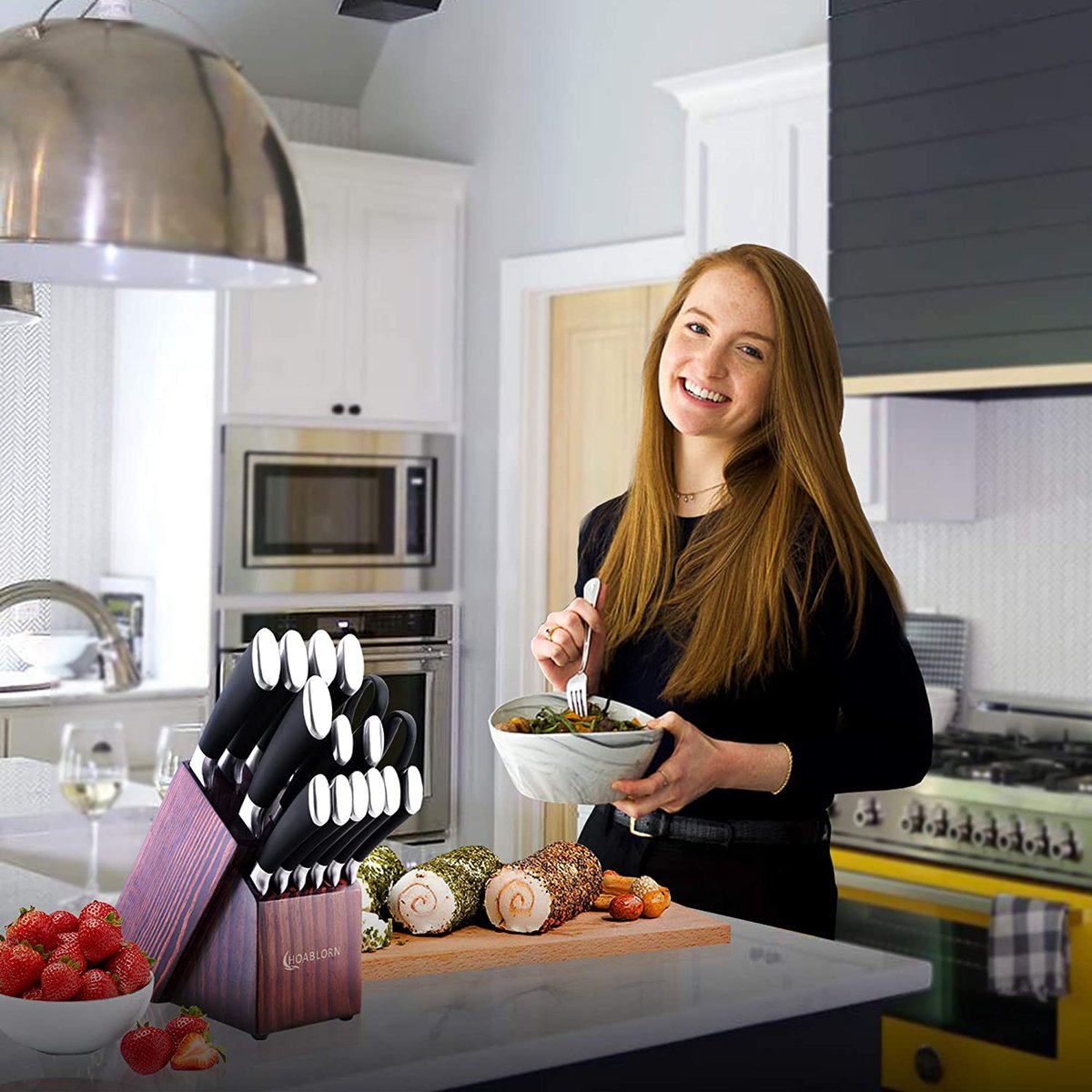 ToolsOfChef's tweet image. Perfect knives set for kitchen, it includes 15 pieces knife set : chef's knife, bread knife, slice knife, santoku Japanese knife, boning knife, universal knife, fruit knife.6pcs serrated steak knife, a pair of kitchen scissors, and wood knife block with self sharpening.
#knives