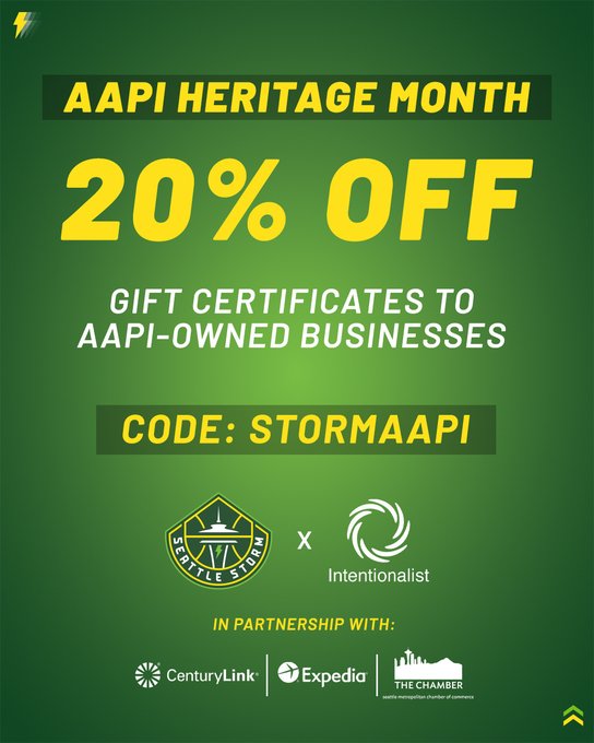 seattlestorm's tweet photo. Don’t forget to #SpendLikeItMatters this #AAPIHeritage Month!

Thanks to @Centurylink, @Expedia and @seattlechamber, save 20% on a gift certificate for a local AAPI-owned business at the @intentionalist_ Gift Certificate Marketplace with code STORMAAPI:
https://t.co/VMuzEesVF6 https://t.co/hAad1j2Vr7
