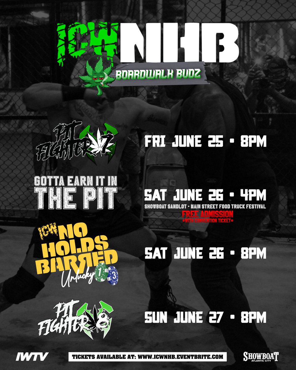 NHBTheChains's tweet photo. 42 RETWEETS and we will ANNOUNCE the NEXT FIGHT in #NHB13 at ICW @BoardwalkBudz WEEKEND
Fri-Sun June 25/26/27 LIVE at The Showboat in Atlantic City NJ!
TICKETS -
https://t.co/e2un0ZRKR2
Watch LIVE on IWTV!
Party ALL WEEKEND LONG π¨ https://t.co/W6DqGdb2p9