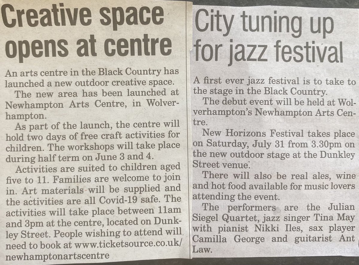 Sun back with hope for summer events <a href="/Newhampton/">NewhamptonArtsCentre</a> Arts Centre #Wolverhampton as <a href="/ExpressandStar/">Express & Star</a> tells of New Horizons outdoor space being used for 2 days free creative workshops for children 5-11 on June 3 &amp; 4 (11am-3pm). Also 1st #jazz #festival Saturday July 31st with <a href="/JazzWolv/">Jazz@Wolverhampton</a>
