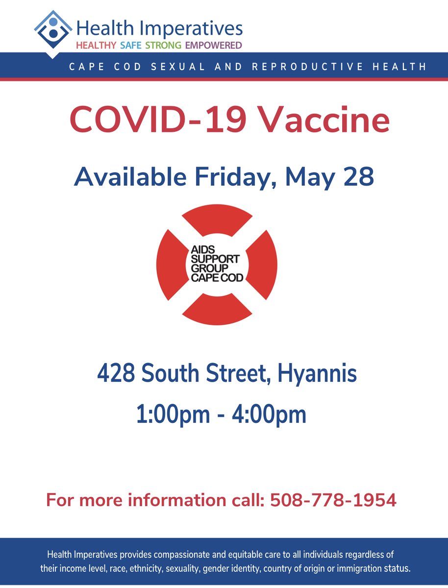 We're hosting a Johnson &amp; Johnson COVID-19 vaccine clinic - Friday May 28th at our Hyannis site.  Call us 508.778.1954. Big thanks to our friends at <a href="/HealthImp/">Health Imperatives</a>