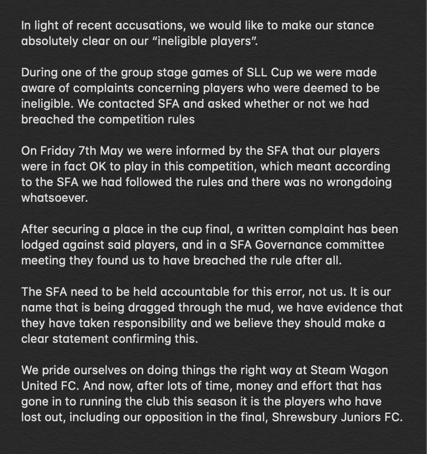 CLUB STATEMENT 

<a href="/ShropshireFA/">⚽️🏆Shropshire FA🏆⚽️</a> <a href="/SalopLLeague/">Salop Leisure League</a>