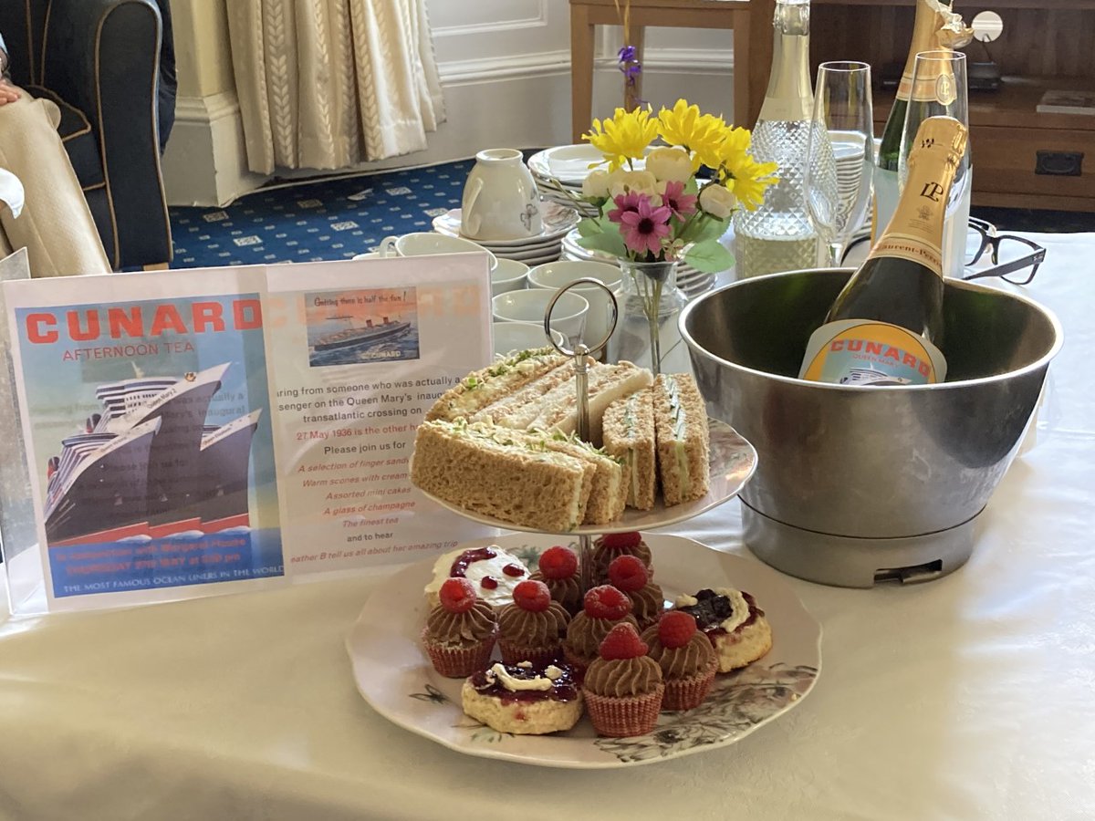 MargarethseH's tweet photo. #rmsQueenMary inaugural voyage 27 May 1936.  Today we celebrated with #afternoontea as our resident was on that sailing as a girl!  Huge thanks to #cunard for providing #champagne &amp; making day extra special.  Loved hearing memories of her trip including near miss with an iceberg! https://t.co/tF2dxL2gPC