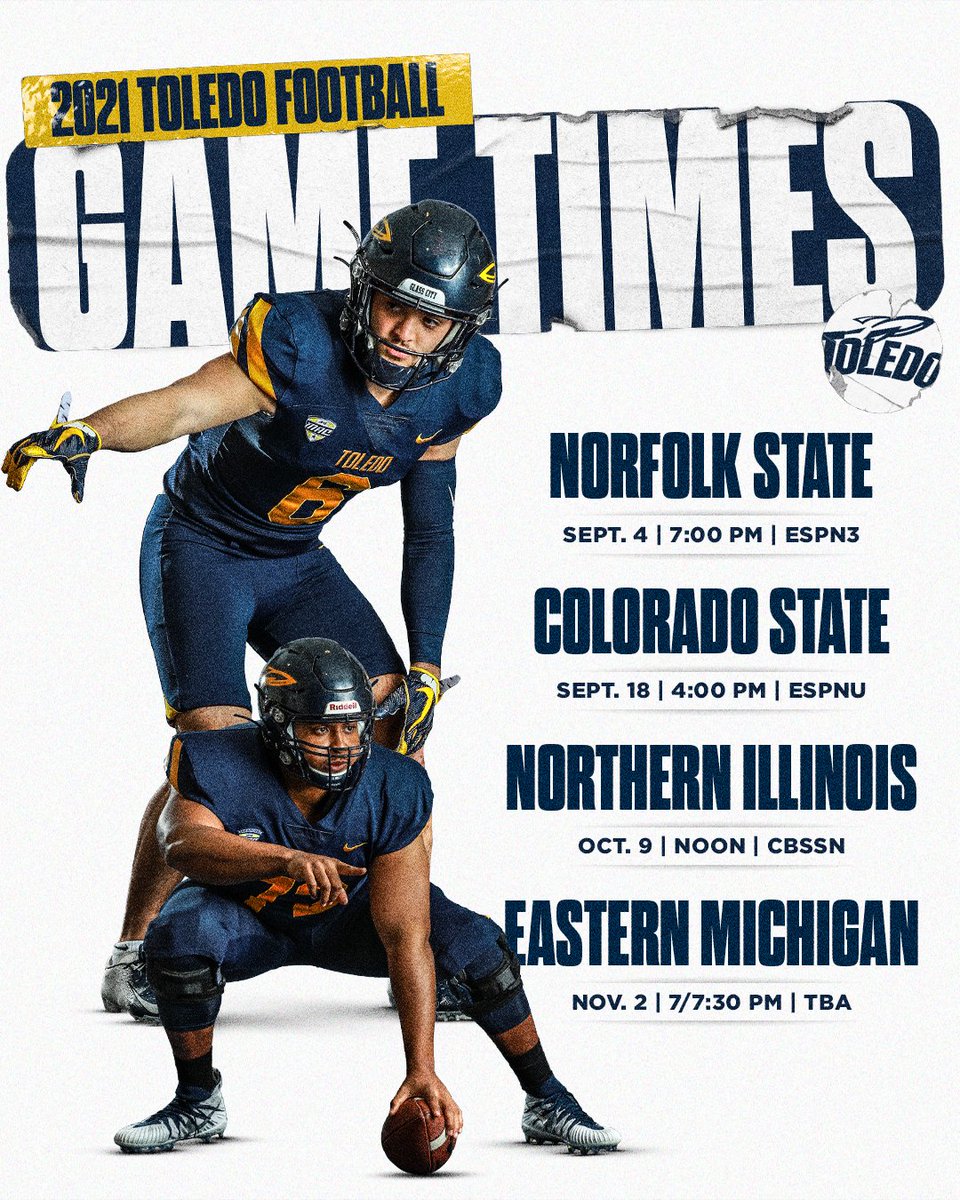 ToledoFB's tweet photo. Kick times announced for 3 home games today; EMU game will be at 7 or 7:30.  The Glass Bowl will be rockin' this fall! #GoRockets 

🎟 » https://t.co/Dtr3nxPTNM

#seeYOUattheGAME https://t.co/mzorwZz4L5