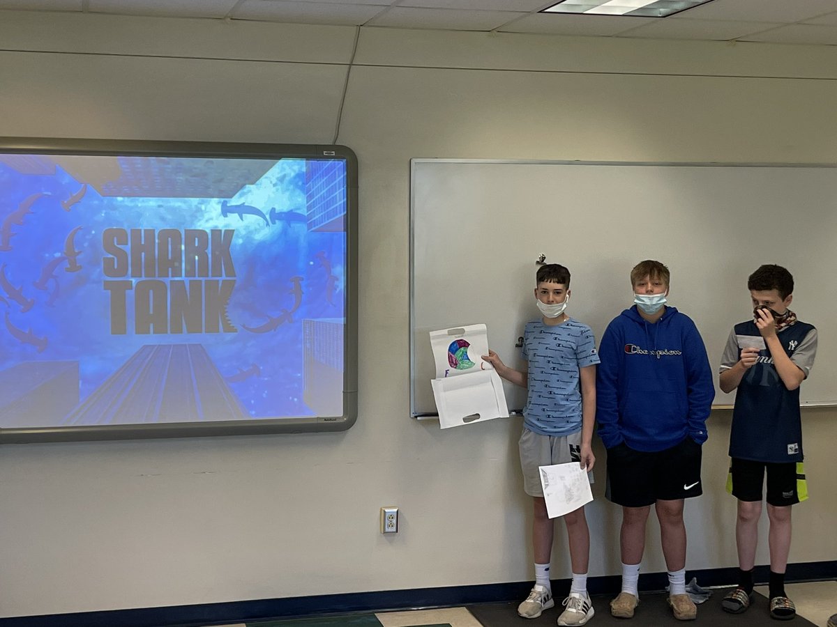 CoachMcCabeOL's tweet photo. Students presenting their @ABCSharkTank inventions in Math. Students loved creating and asking the class for investments with their company evaluations. #JSAMSComeAlive #MathFun #SharkTank https://t.co/JOUp3Ieyk9
