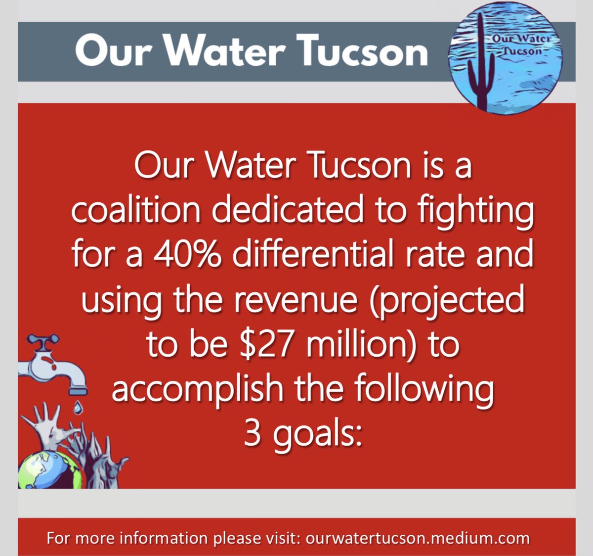 OurWaterTucson's tweet photo. The Our Water Tucson coalition calls on @TucsonRomero and the city council to pass 40% differential water rates and use the revenue to cancel water debt, lower bills for low income families inside Tucson &amp; offset the new rates for those outside, and invest in climate resiliency. https://t.co/fHle0q4MQH