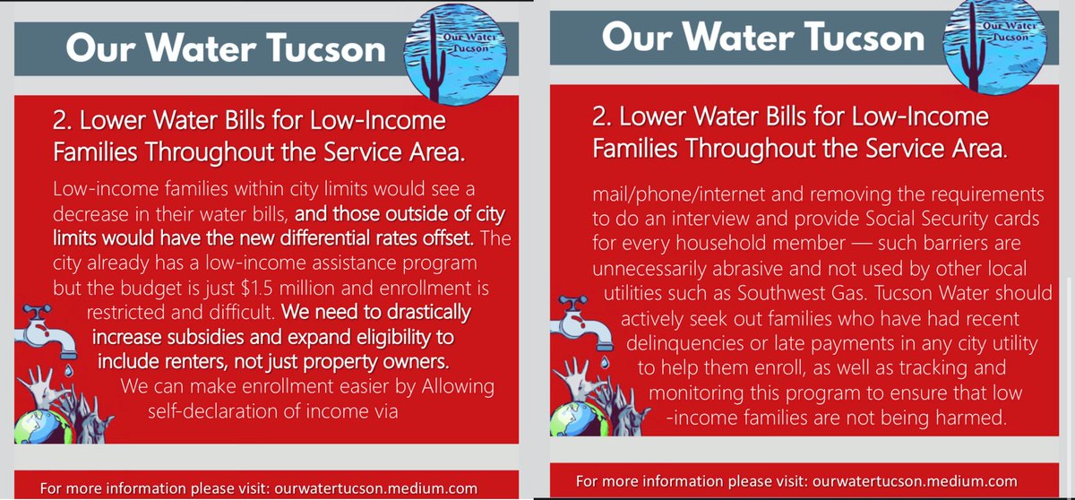 OurWaterTucson's tweet photo. The Our Water Tucson coalition calls on @TucsonRomero and the city council to pass 40% differential water rates and use the revenue to cancel water debt, lower bills for low income families inside Tucson &amp; offset the new rates for those outside, and invest in climate resiliency. https://t.co/fHle0q4MQH