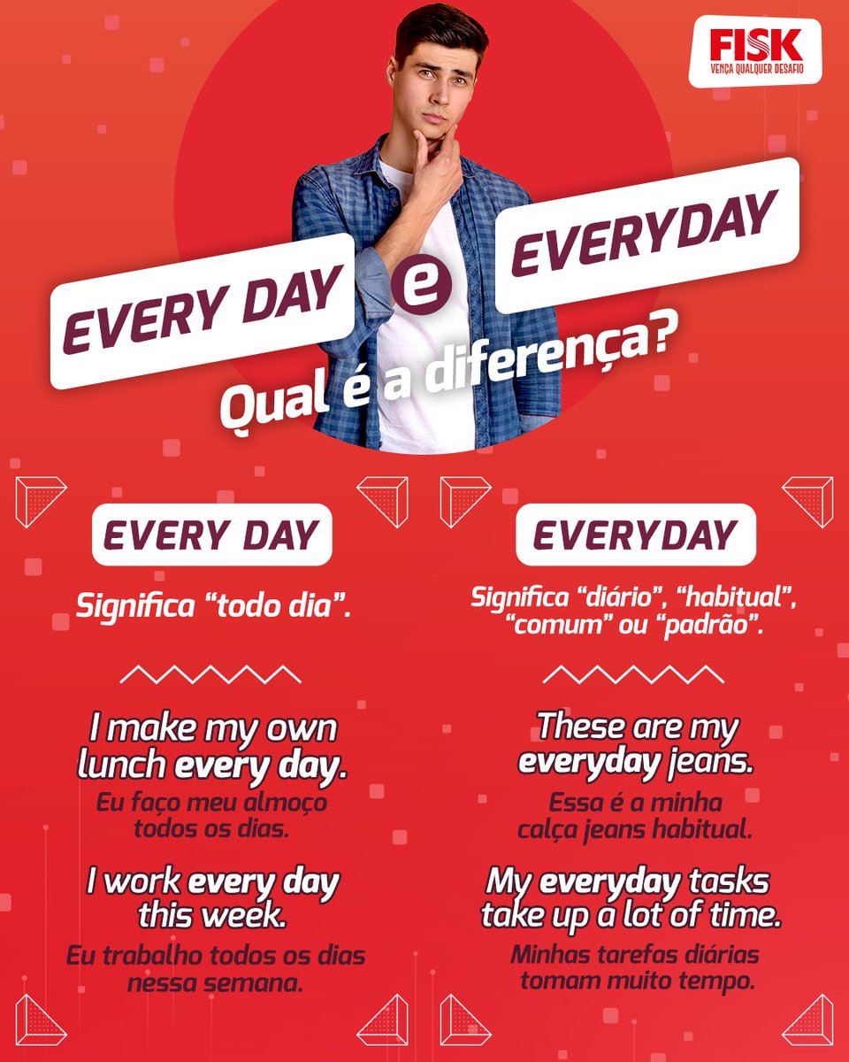 fiskoficial's tweet photo. A mesma pronúncia e grafias que se diferenciam apenas por um espaço. Afinal, como saber se devemos escrever as palavras “every” e “day” juntas ou separadas? 🤔
⠀
Acabe com essa dúvida de uma vez por todas! 😜
⠀
#English #FiskTips #InstaFisk #VençaQualquerDesafio https://t.co/oIxk8aAVip